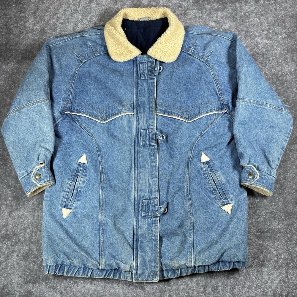 Andy Johns Denim Jacket Womens Medium Blue Sherpa Collar Toggle Barn Chore VTG